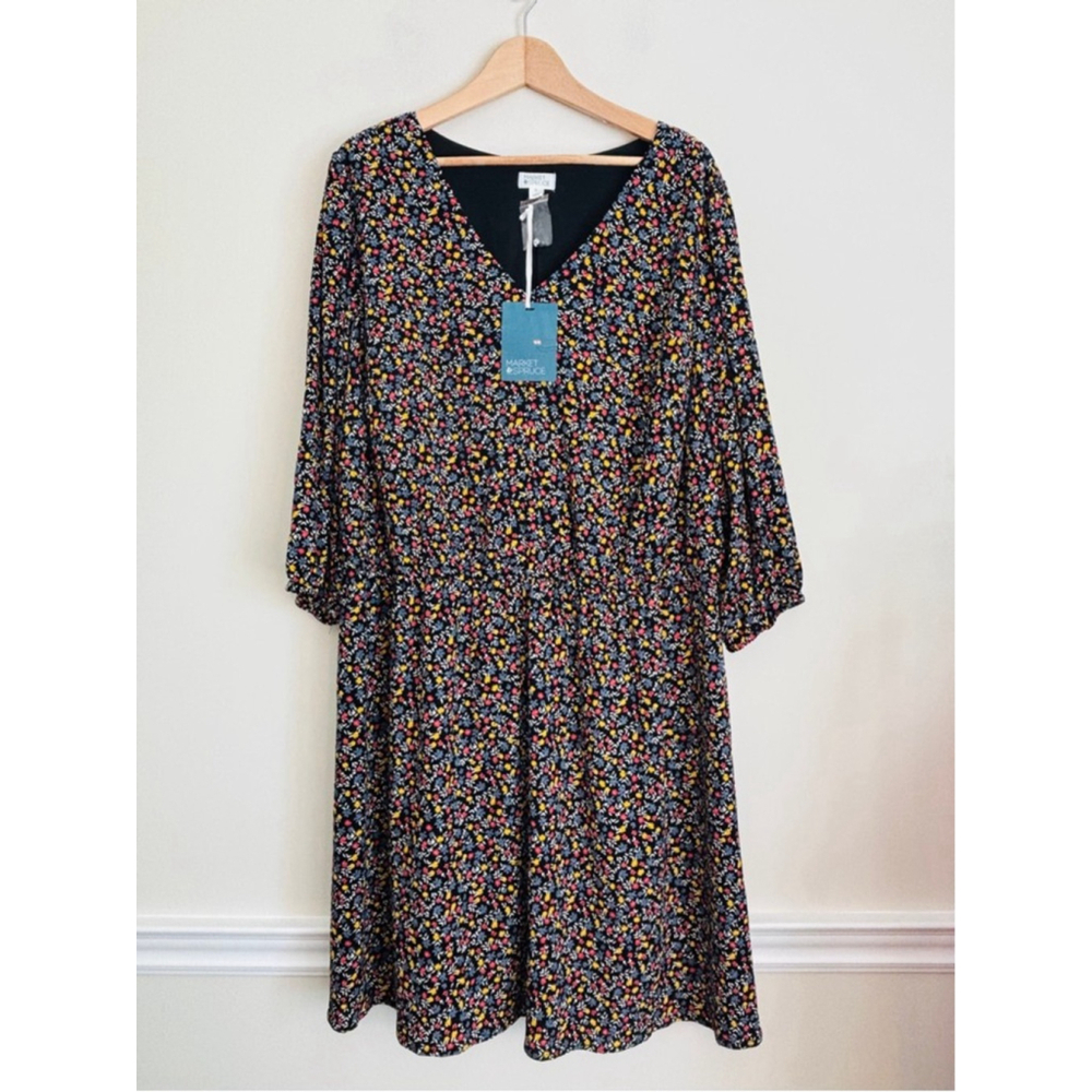 Market & Spruce Black Floral Dress Long Sleeve 3X